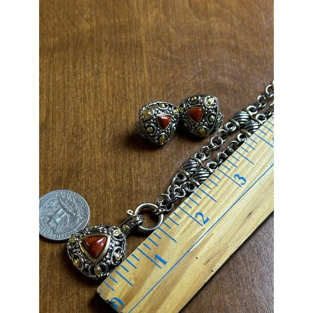 Southwestern Style Necklace Earrings Set Red Jasper Coral Tone Mixed Metal Boho